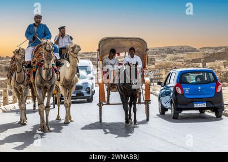 Gizeh Nekropolis, Ägypten - 26. April 2022: Lustiger spezifischer Verkehr mit Kamelen, Springern, Autos, Beduinen und einem Polizisten in der Nähe der Gizeh-Pyramide Stockfoto