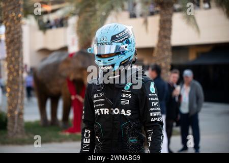 Sakhir, Bahrain. März 2024. GEORGE RUSSELL (GBR) von Mercedes #63 nach RP3 während des Formel-1-Grand Prix von Bahrain. (Kreditbild: © Taidgh Barron/ZUMA Press Wire) NUR REDAKTIONELLE VERWENDUNG! Nicht für kommerzielle ZWECKE! Stockfoto