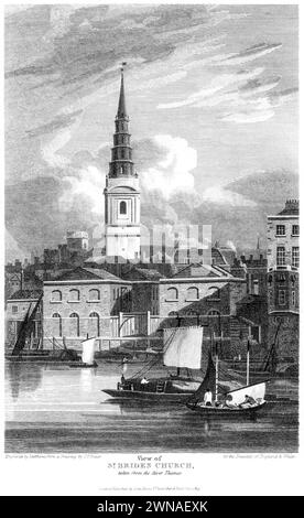 Ein Kupferstich mit dem Titel A View of St Brides Church aus der Themse, London, wurde in hoher Auflösung aus einem um 1815 erschienenen Buch gescannt. Stockfoto