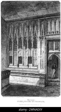 Ein Gravur mit dem Titel The Lower Lobby, House of Commons, London UK, scannt in hoher Auflösung aus einem Buch, das um 1815 veröffentlicht wurde. Stockfoto