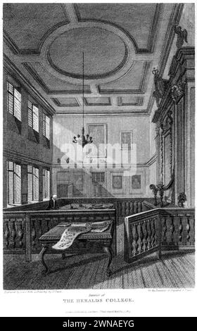 Ein Kupferstich mit dem Titel The Interior of the Heralds College, London UK, scannt mit hoher Auflösung aus einem Buch, das um 1815 veröffentlicht wurde. Stockfoto