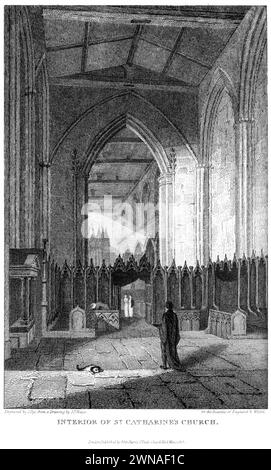 Ein Kupferstich mit dem Titel The Interior of St Catherines Church (St Katherine by the Tower) London UK, der in hoher Auflösung aus einem Buch von 1815 gescannt wurde. Stockfoto