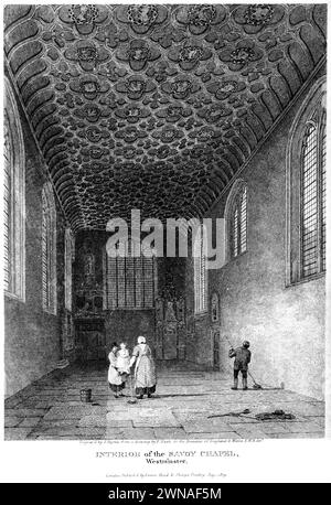 Ein Kupferstich mit dem Titel Interior of the Savoy Chapel, Westminster, London UK, gescannt mit hoher Auflösung aus einem Buch, das um 1815 veröffentlicht wurde. Stockfoto