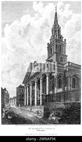 Gravur der St. Martins Church, Westminster (St. Martin in the Fields, Trafalgar Square) London UK mit hoher Auflösung aus einem Buch von 1815 gescannt. Stockfoto