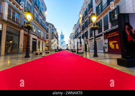 Malaga, Spanien, EU-Feb. 29, 2024. Roter Teppich, Fußweg für das Malaga Film Festival, Festival de Málaga. Perfekt für Hintergründe und Konzeptdesigns. Stockfoto