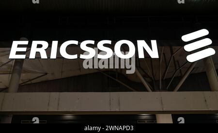 Ericsson, Logo, Messestand, MWC Mobile World Congress 2024, Barcelona, Spanien *** Ericsson, Logo, Messestand, MWC Mobile World Congress 2024, Barcelona, Spanien Stockfoto