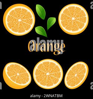 Schichten und Orangenstücke sind auf schwarzem Hintergrund isoliert. Realistisches Orange für Menügestaltung, Flyer, Werbebanner, Einladungskarten usw. Stockfoto
