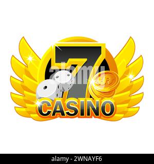 Icon Casino mit goldenen Flügeln, Würfeln, Münzen und Glück Nummer sieben Stock Vektor
