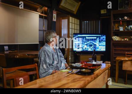 Gäste, die beim Abendessen im Gassho Minshuku Nakaya Ryuokan im zum UNESCO-Weltkulturerbe gehörenden Dorf Gassho-zukuri in Ainokura, Japan, Fernsehen Stockfoto