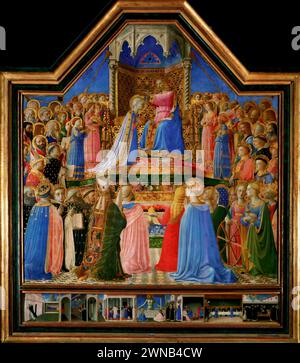 Die Krönung der Jungfrau ist ein Gemälde des italienischen Meisters der Frührenaissance Fra Angelico, das um 1434–1435 in Fiesole (Florenz) ausgeführt wurde. Sie befindet sich heute im Musée du Louvre in Paris, Frankreich. Stockfoto