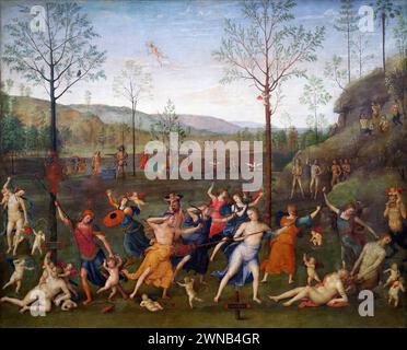 Die Schlacht zwischen Liebe und Keuschheit ist ein Gemälde des italienischen Renaissance-Künstlers Pietro Perugino, das sich heute im Musée du Louvre in Paris befindet. Es wurde ursprünglich für das Studiolo (Kabinett) von Isabella d'Este in Auftrag gegeben, Stockfoto