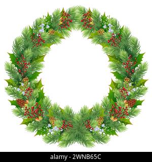 Weihnachtsgeschenkkarte mit Tannenkranz auf weißem Hintergrund. Vorlage für Banner, Poster, Einladung. Kranz / Girlande der Weihnachtsbaumbranche Stockfoto