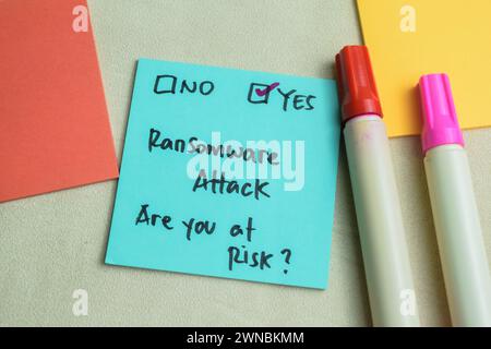 Konzept des Ransomware-Angriffs, sind Sie gefährdet? Schreiben Sie auf Haftnotizen isoliert auf Holztisch. Stockfoto