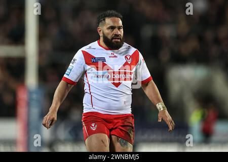 St Helens, Großbritannien. März 2024. Konrad Hurrell von St. Helens während des Spiels der Betfred Super League Runde 3 St Helens gegen Leigh Leopards im Totally Wicked Stadium, St Helens, Vereinigtes Königreich, 1. März 2024 (Foto: Mark Cosgrove/News Images) in St Helens, Vereinigtes Königreich am 1. März 2024. (Foto: Mark Cosgrove/News Images/SIPA USA) Credit: SIPA USA/Alamy Live News Stockfoto