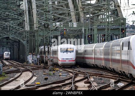 Gleisanlage vor dem Kölner Hauptbahnhof, Hohenzollern Eisenbahnbrücke über den Rhein, ICE Fernzüge, Köln, NRW, Deutschland, Köln HBF *** Gleissystem vor dem Kölner Hauptbahnhof, Hohenzollern Eisenbahnbrücke über den Rhein, ICE-Fernzüge, Köln, NRW, Deutschland, Kölner Hauptbahnhof Stockfoto