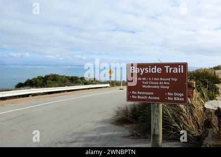 Schild am Anfang des Bayside Trail in der Nähe des alten Leuchtturms Point Loma am Cabrillo National Monument mit Blick auf die San Diego Bay, Kalifornien. Stockfoto