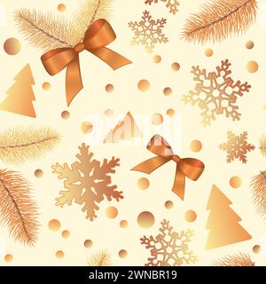 Nahtloses Weihnachtsmuster. Weihnachten, Neujahr Hintergrund. Endlose Textur mit Kiefer, Bögen, Schneeflocken, Häusern und Bokeh, Schnee, Baum, Stern. Weihnachtsdruck f Stockfoto