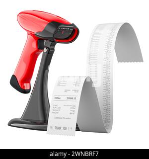 Strichcode-Lesegerät mit gedrucktem Beleg. 3D-Rendering isoliert auf weißem Hintergrund Stockfoto