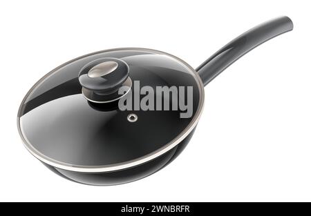 Pfanne mit Glasdeckel, 3D-Rendering isoliert auf weißem Hintergrund Stockfoto