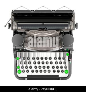 Mechanische Schreibmaschine, Draufsicht. Traditionelle tragbare Schreibmaschine, 3D-Rendering isoliert auf weißem Hintergrund Stockfoto