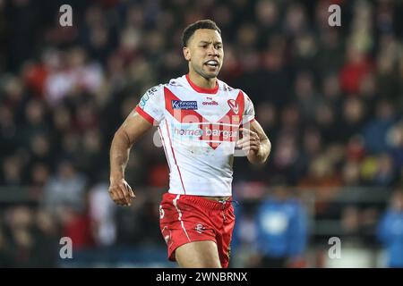 St Helens, Großbritannien. März 2024. Moses Mbye von St. Helens während des Spiels der Betfred Super League Runde 3 St Helens gegen Leigh Leopards im Totally Wicked Stadium, St Helens, Vereinigtes Königreich, 1. März 2024 (Foto: Mark Cosgrove/News Images) in St Helens, Vereinigtes Königreich am 1. März 2024. (Foto: Mark Cosgrove/News Images/SIPA USA) Credit: SIPA USA/Alamy Live News Stockfoto