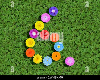 Nummer geschrieben mit bunten Blumen auf grünem Kleeblatt Hintergrund Stockfoto