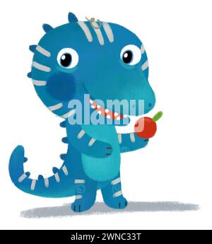 Zeichentrickszene mit Dino-Dinosaurier oder Drache, die Apfelfrucht essen auf weißem Hintergrund Illustration für Kinder Stockfoto
