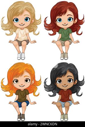 Vier süße Cartoon-Mädchen mit verschiedenen Frisuren. Stock Vektor