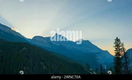 Blick auf den morgendlichen Sonnenaufgang entlang des Icefields Parkway zwischen Banff & Jasper in den Kanadischen Rocky Mountains mit atemberaubenden Sonnenstrahlen, die hell über dem Land leuchten. Stockfoto