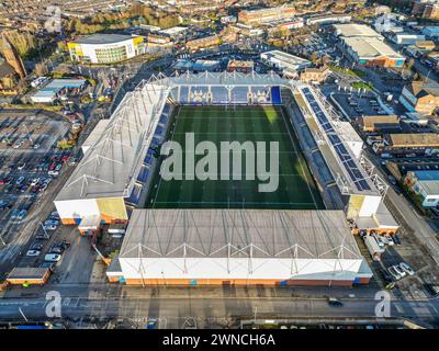 Eine Luftaufnahme des Halliwell Jones Stadions, Heimstadion der Warrington Wolves vor dem heutigen Spiel der Betfred Super League Runde 3 Warrington Wolves gegen Castleford Tigers im Halliwell Jones Stadium, Warrington, Großbritannien, 1. März 2024 (Foto: Craig Thomas/News Images) in, am 1. März 2024. (Foto: Craig Thomas/News Images/SIPA USA) Credit: SIPA USA/Alamy Live News Stockfoto