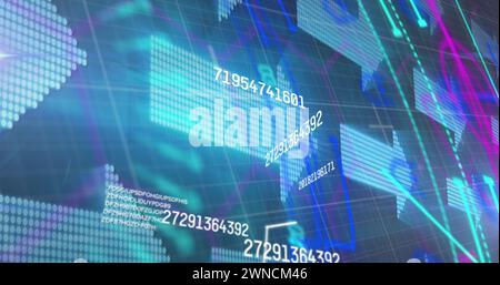 Bild des Scans des Oszilloskops, Nummernänderung und digitale Pfeile auf blauem Hintergrund Stockfoto