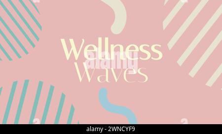 Wellness-Wellen-Text in Gelb mit abstrakten weißen und blauen Linien auf rosa Hintergrund Stockfoto