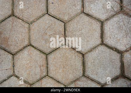 Die Straße ist mit 6-seitigem Pflaster in Grau bedeckt. Stockfoto