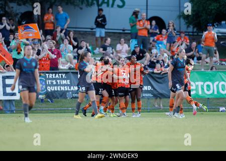 Brisbane, Australien. März 2024. Brisbane, Australien, 2. März 2024: Tameka Yallop (13 Brisbane) erzielt das erste Tor für Brisbane während des Liberty A League-Spiels zwischen Brisbane Roar und Melbourne City FC im Perry Park (Promediapix/SPP). /Alamy Live News Stockfoto