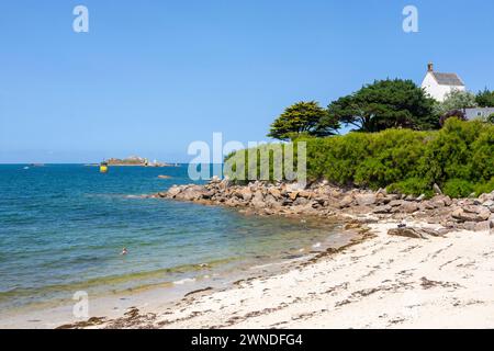 Die Chapelle Sainte-Barbe aus dem 17. Jahrhundert oberhalb der Plage de Porz AR Gored, ein unberührter Strand in der Nähe des Alten Hafens in Roscoff, Finistère, Bretagne, Frankreich Stockfoto