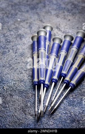 Nahaufnahme der Präzisionsschraubendreher-Gruppe auf einer blauen Oberfläche Stockfoto