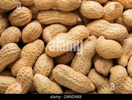 Rohschale Erdnussnüsse, Makrohintergrund in der Draufsicht. Stockfoto