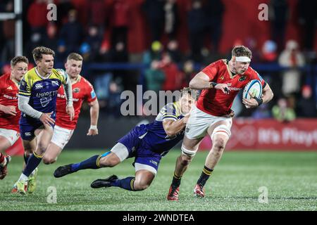 März 2024, Virgin Media Park, Cork, Irland - Tom Ahern bei der BKT United Rugby Championship: Munster 45 - Zebre Parma 29 Stockfoto