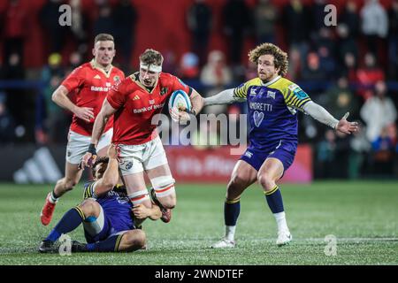 März 2024, Virgin Media Park, Cork, Irland - Tom Ahern bei der BKT United Rugby Championship: Munster 45 - Zebre Parma 29 Stockfoto