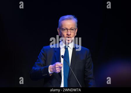 Aberdeen, Schottland, Vereinigtes Königreich - 2. März 2024 - Scottish Conservative Conference 2024: Michael Gove spricht auf der Scottish Conservative Conference im P&J Live Events Veranstaltungsort in Aberdeen, Schottland, Vereinigtes Königreich. Im Bild: Michael Gove Secretary of State for Levelling Up, Housing and Communities of the United Kingdom, der auf der Konferenz zur Wohnungs-Notstandssituation spricht Stockfoto