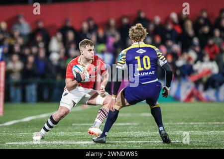 März 2024, Virgin Media Park, Cork, Irland - Alex Kendellen von Munster Rugby während der BKT United Rugby Championship: Munster 45 - Zebre Parma Stockfoto