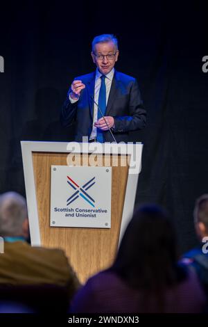 Minister für Levelling Up, Housing and Communities, Michael Gove, sprach während der Konferenz der schottischen Konservativen im Event Complex Aberdeen. Bilddatum: Samstag, 2. März 2024. Stockfoto