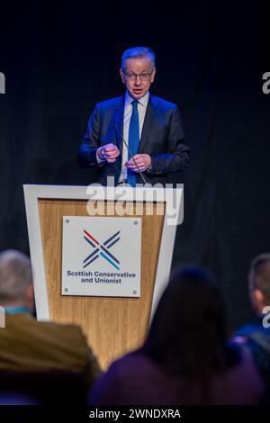 Minister für Levelling Up, Housing and Communities, Michael Gove, sprach während der Konferenz der schottischen Konservativen im Event Complex Aberdeen. Bilddatum: Samstag, 2. März 2024. Stockfoto