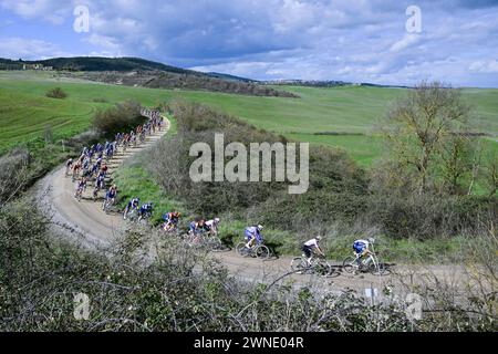 Siena, Italien. März 2024. Die Abbildung zeigt das Feld während des Herrenelitennens des eintägigen Radrennens „Strade Bianche“ (215 km) von und nach Siena, Italien, Samstag, den 2. März 2024. BELGA FOTO DIRK WAEM Credit: Belga News Agency/Alamy Live News Stockfoto