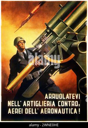 'ARRUOLATEVI NELL' ARTIGLIERIA CONTROAEREI DELL' AERONAUTICA!' ['IN DIE FLUGABWEHRARTILLERIE DER LUFTWAFFE EINSTEIGEN!'] Dieses Bild zeigt eine kühne, realistische Abbildung eines Soldaten, der Flugabwehrartillerie mit einer Rakete in den Himmel feuert, was die Stärke und Bereitschaft der Streitkräfte unterstreicht. Der Stil ist ein Indiz für militärische Propaganda der Mitte des 20. Jahrhunderts, mit lebhaften Farben und dynamischer Komposition. Stockfoto