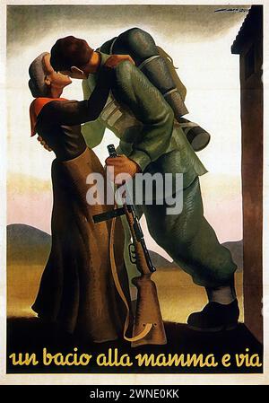 „un bacio alla mamma e Via“ [„ein Kuss an die Mutter und los“] italienische Vintage-Werbung, in der ein Soldat seine Mutter auf Wiedersehen küsst, was den Abschied in den Krieg bedeutet. Das Bild hat einen ergreifenden, realistischen Stil mit gedämpften Erdtönen und emotionalen Inhalten. Stockfoto