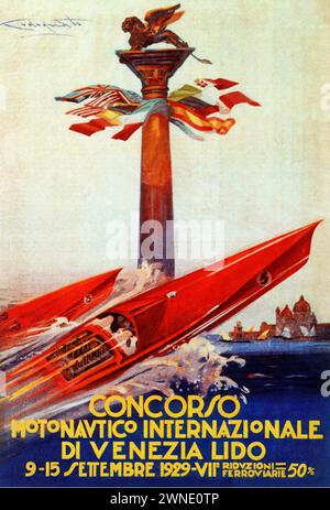 „CONCORSO MOTONAVICO INTERNAZIONALE DI VENEZIA LIDO 9-15 SETTEMBRE 1929“ [„INTERNATIONALER MOTORBOOTWETTBEWERB VON VENEDIG LIDO 9.-15. SEPTEMBER 1929“] italienisches Vintage-Werbeplakat mit Motorbooten, die mit einer venezianischen Säule und einem geflügelten Löwen im Hintergrund fahren. Das Kunstwerk ist ausdrucksstark und farbenfroh und fängt die Spannung des Rennens ein. Stockfoto