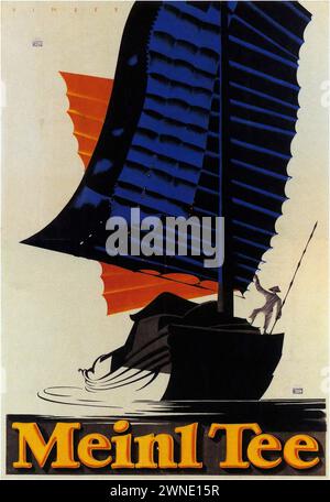 „Meinl Tee“ [„Meinl Tee“] Vintage-Werbung. Ein Segelboot mit einem großen, dunkelblauen Segel an einem orangefarbenen Horizont, der Name „Meinl“ ist am unteren Rand deutlich sichtbar. Das Kunstwerk zeigt den Art déco-Stil, der sich durch seine auffällige Geometrie und satte Farben auszeichnet. Stockfoto