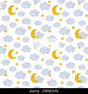 Nahtlose Muster Wolken, Mond und Sterne auf weiß. Traumhafte Illustration. Kindergarten Kunst. Handgezeichnet im Cartoon-Stil. Für Textilien, Drucke, Tapeten Stockfoto
