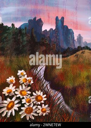 Wildblumen auf dem Feld in der Blütenlandschaft Blumenwiese Naturillustration. Abstrakter Hintergrund. Stockfoto